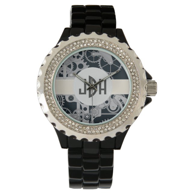 Angepasste Monogramm-Uhr für die schwarze Emailübe Armbanduhr (Vorderseite)
