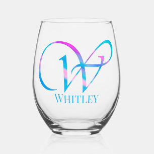 Angepasste Monogramm "W" Name Abstrakt Spring Blue Weinglas Ohne Stiel