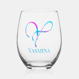 Angepasste Monogramm "Y" Name Abstrakt Spring Blue Weinglas Ohne Stiel