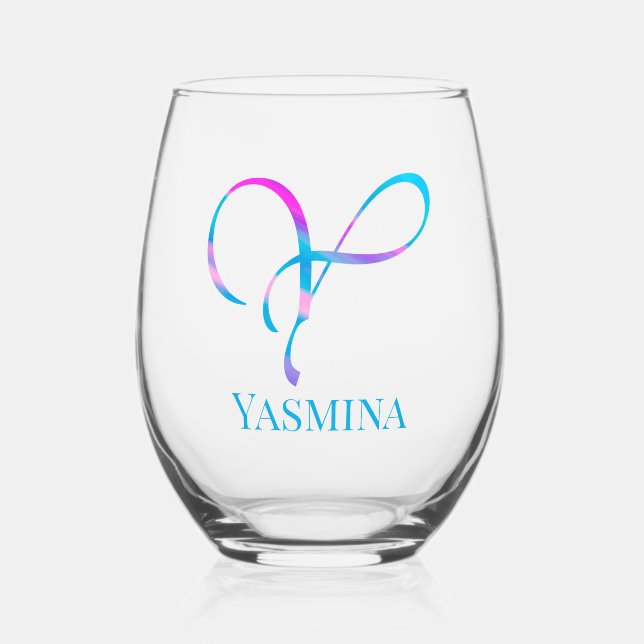 Angepasste Monogramm "Y" Name Abstrakt Spring Blue Weinglas Ohne Stiel (Vorderseite)