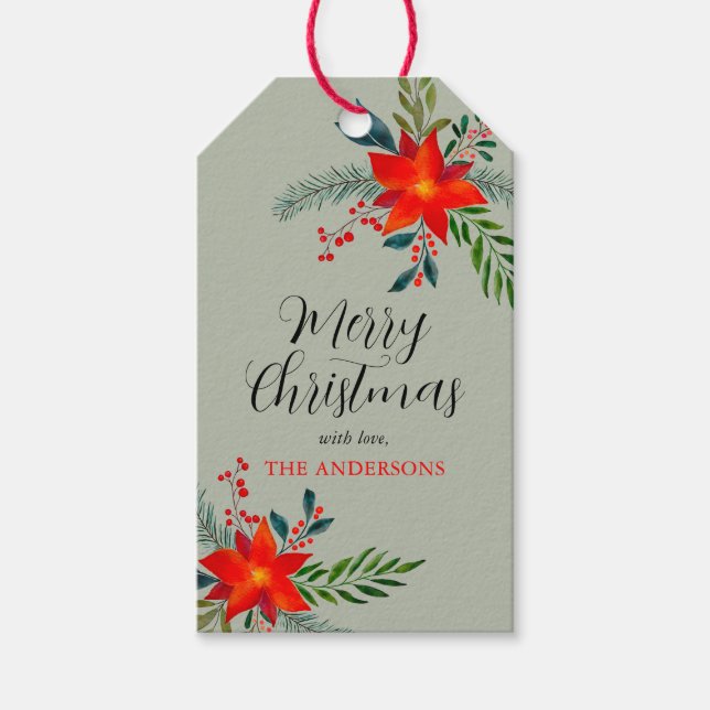 Angepasste Red Poinsettia Frohe Weihnachten Geschenkanhänger (Vorderseite)
