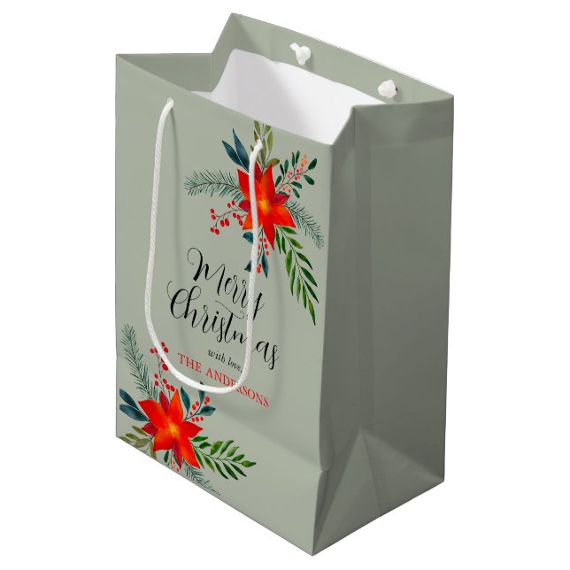 Angepasste Red Poinsettia Frohe Weihnachten Mittlere Geschenktüte (Vorderseite Schrägansicht)