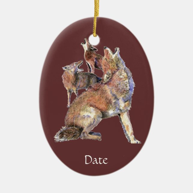 Angepasste Wasserfarben-Howling-Koyoten Tier Keramikornament (Vorne)