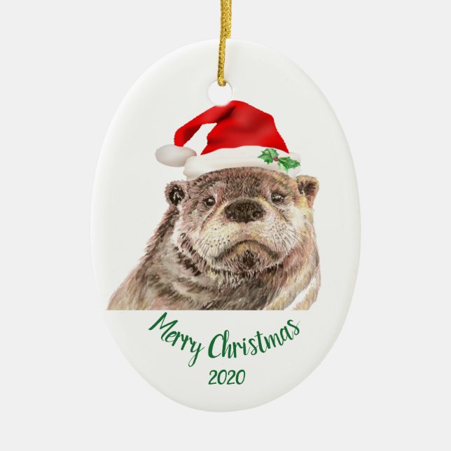 Angepasster Weihnachtsspass Otter Weihnachtsmannmü Keramik Ornament (Vorne)