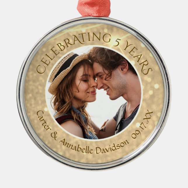 Angepasstes 5-jähriges Jahr | Gold-Sparkle-Foto Ornament Aus Metall (Vorne)