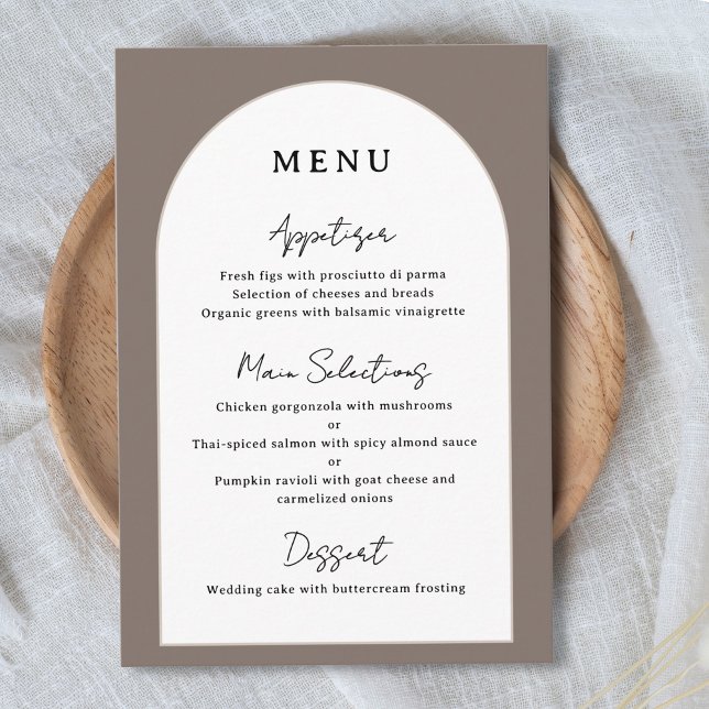 Angepasstes Dinner im Menü für die Hochzeitsempfeh Menükarte (Arched Wedding Reception Menu Custom Dinner Detail Modern Taupe Dome Arch Meal Choices Options)