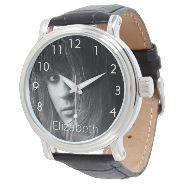 Angepasstes Foto mit Monogramm Frau Mädchen Armbanduhr (Schrägansicht)
