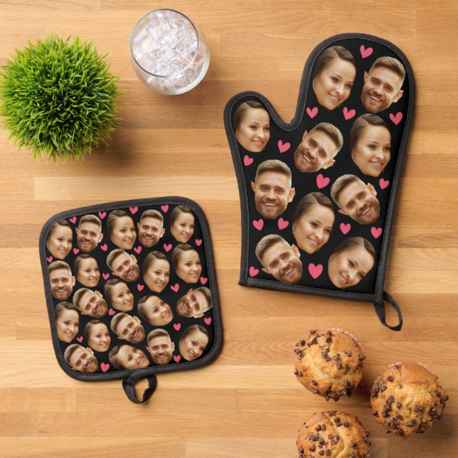 Angepasstes Foto mit schwarzem Herzmuskel Ofenhandschuh & Topflappen-Set (Oben Unten)