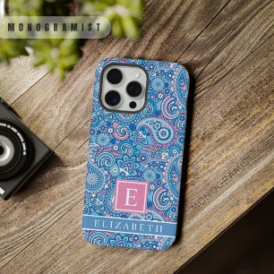 Angepasstes Hellblau Weiß Rosa Paisley-Muster iPhone 15 Pro Max Hülle
