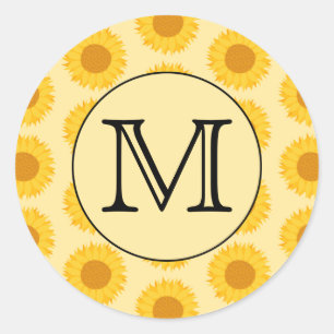 Angepasstes Monogramm mit gelben Sonnenblumen. Runder Aufkleber