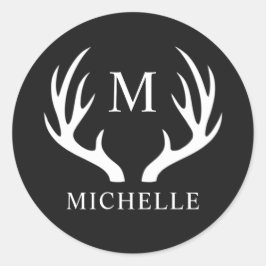 Angepasstes Monogramm mit Schwarz-weißem Hirschant Runder Aufkleber