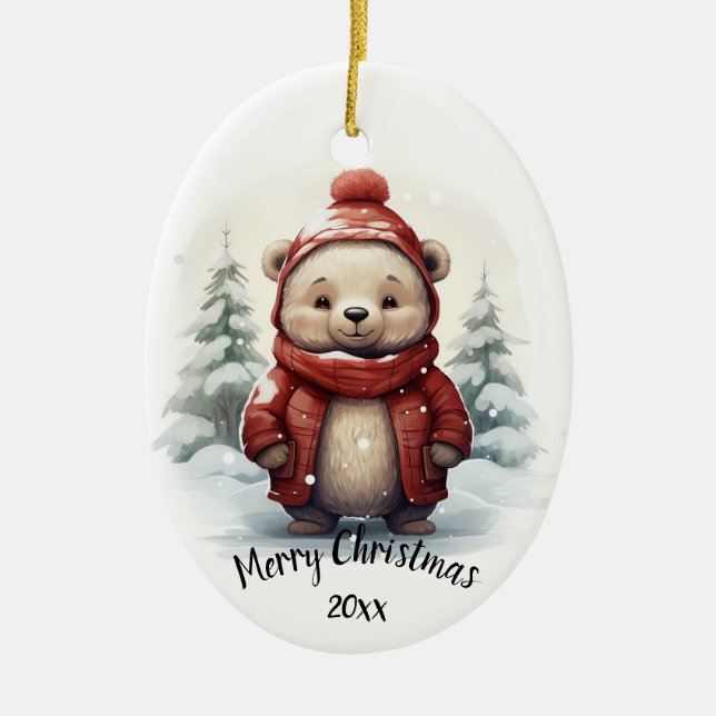 Angepasstes Niedliches Winterbär Weihnachten Keramik Ornament (Vorne)