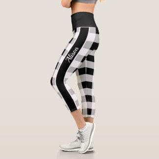 Angepasstes, Schwarz-weißes, grau-kariertes Muster Capri Leggings