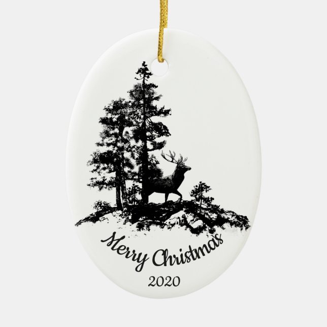 Angepasstes Weihnachtsfest Hirsch im Wald Keramikornament (Vorne)