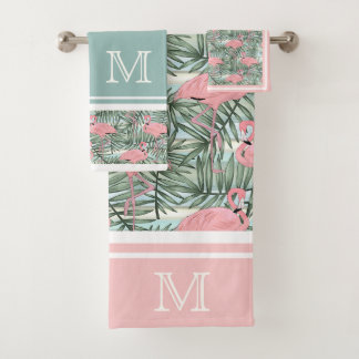 Angesagt rosa Flamingoes Palm Leafs Muster Custom Badhandtuch Set