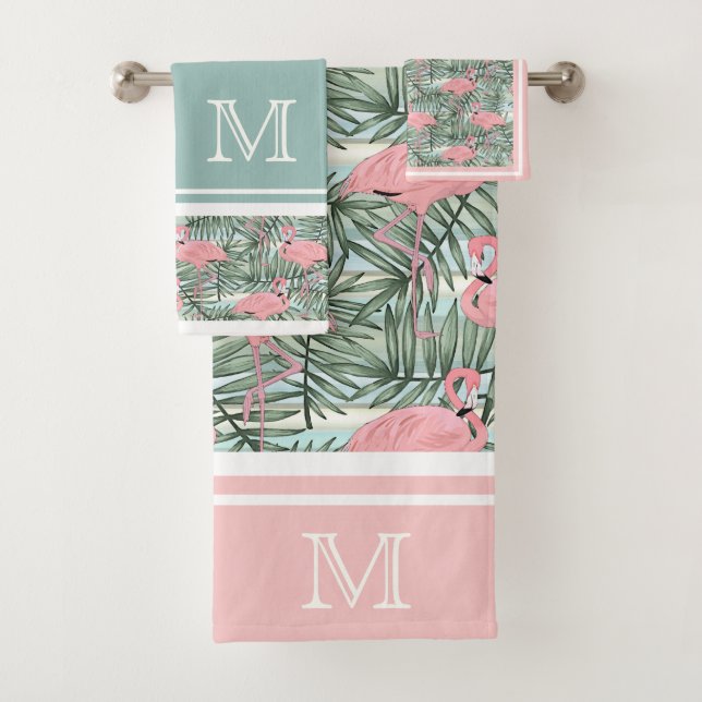 Angesagt rosa Flamingoes Palm Leafs Muster Custom Badhandtuch Set (Insitu)