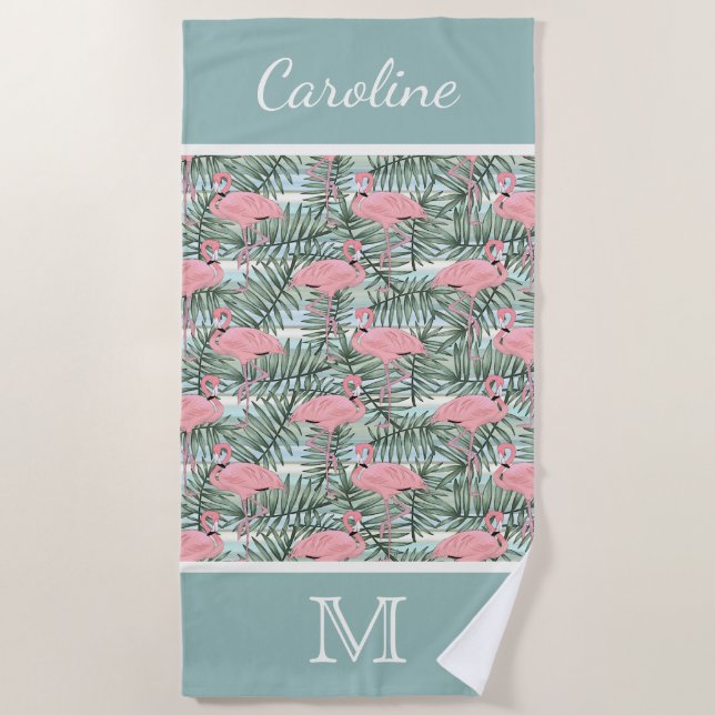 Angesagt rosa Flamingoes Palm Leafs Muster Custom Strandtuch (Vorderseite)