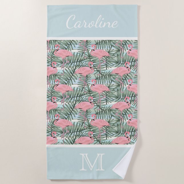 Angesagt rosa Flamingoes Palm Leafs Muster Custom Strandtuch (Vorderseite)