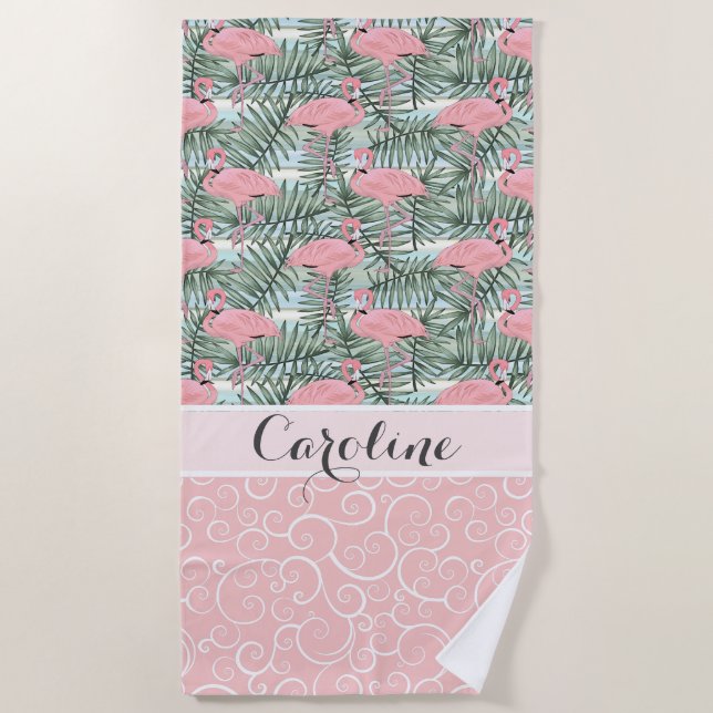 Angesagt rosa Flamingoes Palm Leafs Muster Custom Strandtuch (Vorderseite)