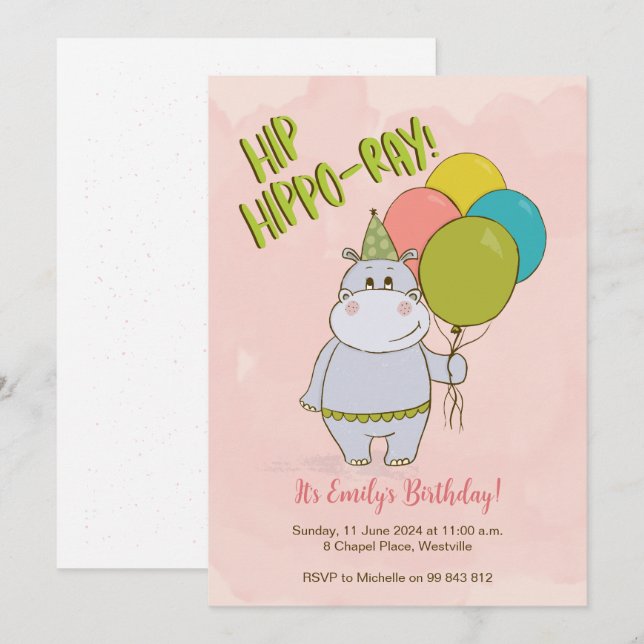 Angesagter Hippo-Ray-Kindergeburtstag Einladung (Vorne/Hinten)