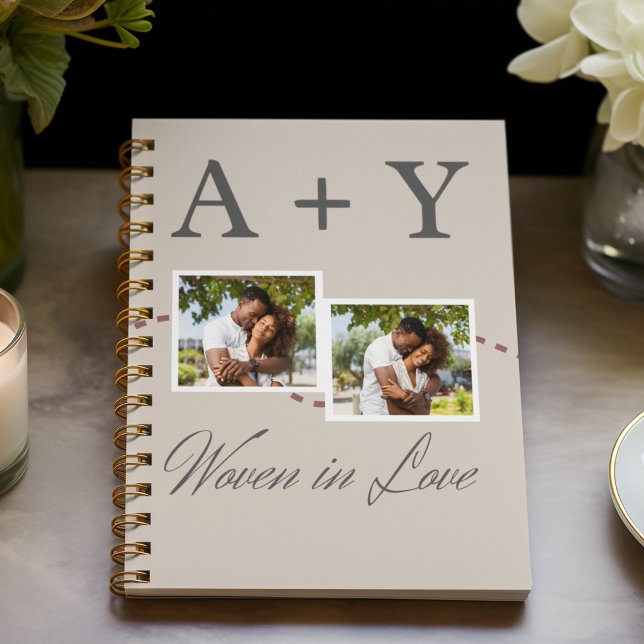 Angeschlossene Initialen und Storyline Notizbuch (“Romantic editorial notebook featuring framed photos, monogram initials, and script storyline text.)