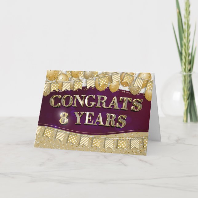 Angestellte 8. Jubiläum Gold Text und Ballons Karte (Vorderseite)