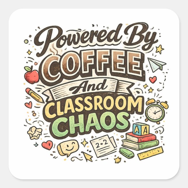 Angetrieben von Kaffee und Klassenchaos – Lehrer Quadratischer Aufkleber (Vorderseite)