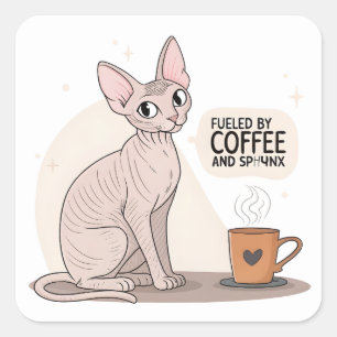 Angetrieben von Kaffee und Sphynx-Katzen-Illustrat Quadratischer Aufkleber