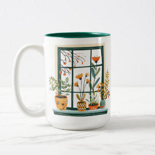 Angezeigte Pflanze im Fenster Zweifarbige Tasse