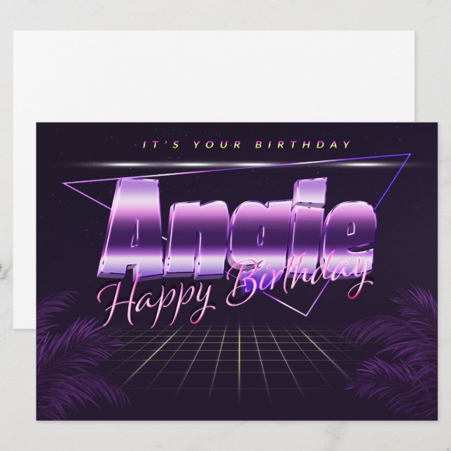 Angie Name Vorname lila retro Karte Geburtstag (Vorne/Hinten)