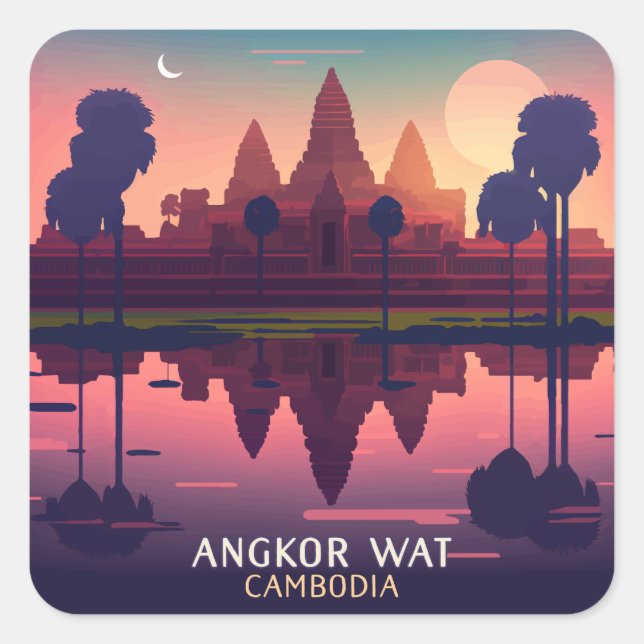 Angkor Wat Sunrise Cambodia Siem Reap Retro Quadratischer Aufkleber (Vorderseite)