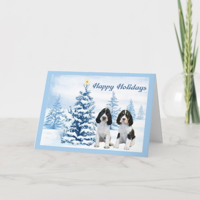 Anglais Springer espagnol carte de Noël Arbre bleu (Devant)