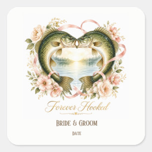 Angler-Hochzeit mit Rute und Blumen Quadratischer Aufkleber
