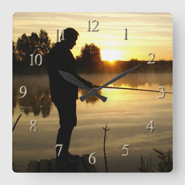 Angler morning Acrylic Wall Clock Quadratische Wanduhr (Vorderseite)