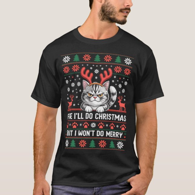 Angry Antler Cat Funny Xmas Ugly Sweater Long Slee T-Shirt (Vorderseite)
