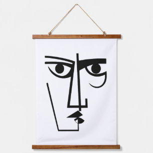 Angry Eyes Expression Abstrakt Face Line Art Wandteppich Mit Holzrahmen