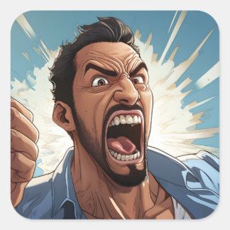 Angry Man schüttelt den ersten Cartoon Quadratischer Aufkleber