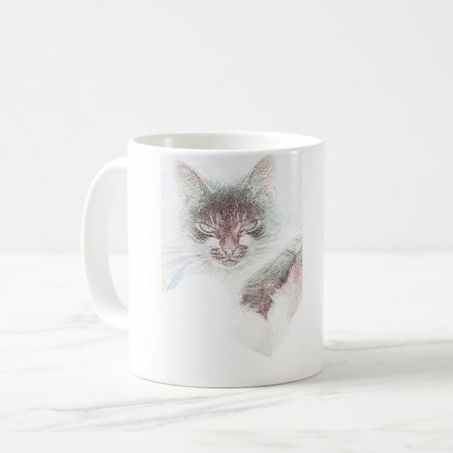 Angry Niedlich Cate Face Sketch Kaffeetasse (Vorderseite Links)