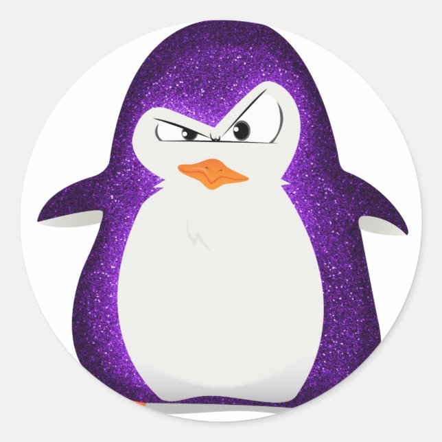 Angry Pinguin Lila Glitzer Foto Print Runder Aufkleber (Vorderseite)