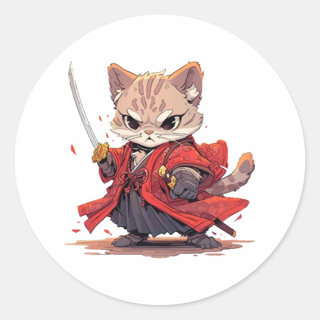 Angry Samurai style Cat Hero Runder Aufkleber (Vorderseite)