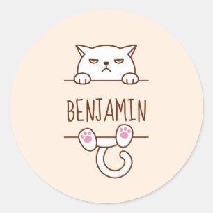 Angry White Cat Beige Individuelle Name Runder Aufkleber