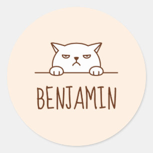 Angry White Cat Beige Individuelle Name Runder Aufkleber