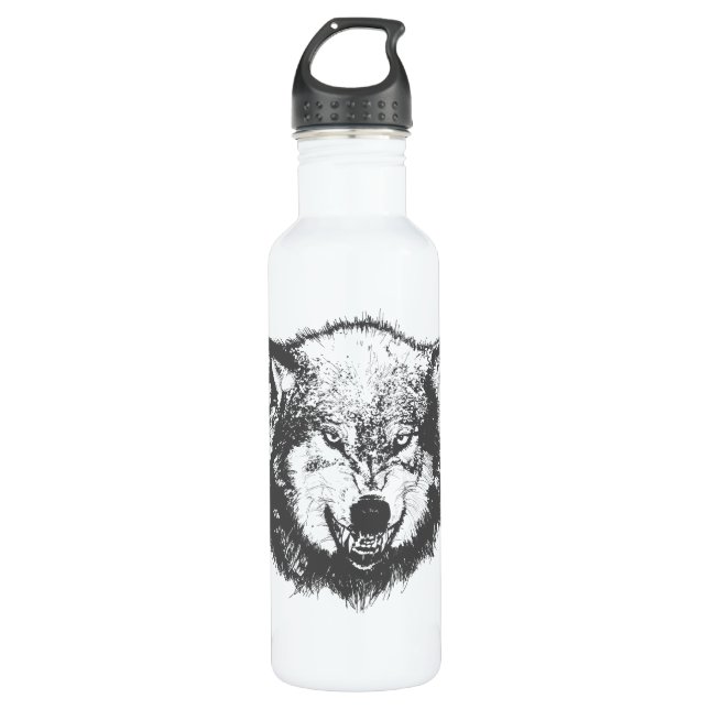 Angry Wolf in Schwarz Edelstahlflasche (Vorderseite)