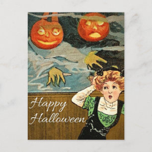 Ängstliche Frau & Kürbisse Vintage-Halloween-Postk Postkarte