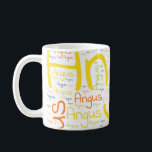 Angus Kaffeetasse<br><div class="desc">Angus. Show and wear this popular beautiful male first name designed as colorful wordcloud made of horizontal and vertical cursive hand lettering typography in different sizes and adorable fresh colors. Wear your positive american name or show the world whom you love or adore. Merch with this soft text artwork is...</div>