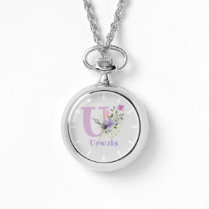 Anhänger-Uhr - Florales Design mit Namen & Initial Armbanduhr