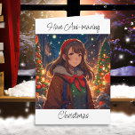 Ani-mazing Christmas | Winternacht Karte<br><div class="desc">Hübsches Anime-Mädchen draußen auf einer Winternachtskarte.</div>