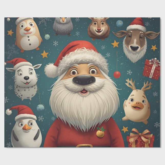 Animal Christmas Santa  Geschenkpapier (Flach)