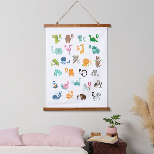 Animal Doodle Alphabet Wandteppich Mit Holzrahmen (Schlafzimmer)