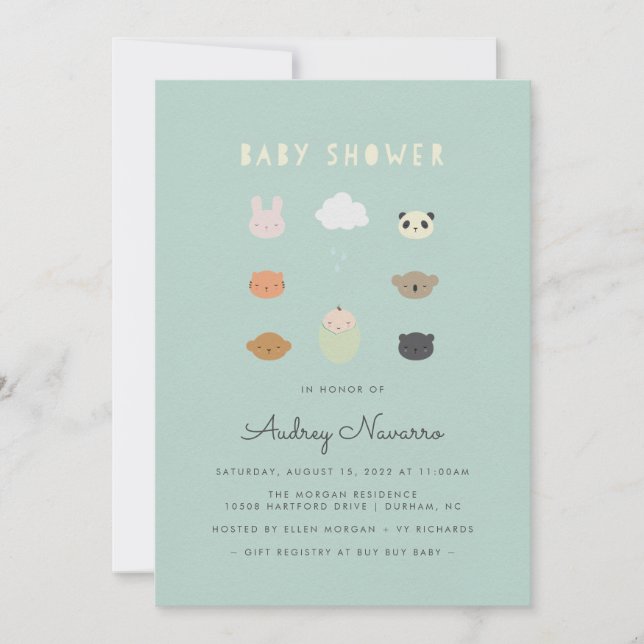 Animal Friends Baby Dusche Aquamarine Einladung (Vorderseite)